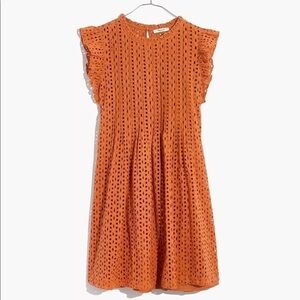 Madewell eyelet ruffle sleeve pintuck mini dress mulled cider